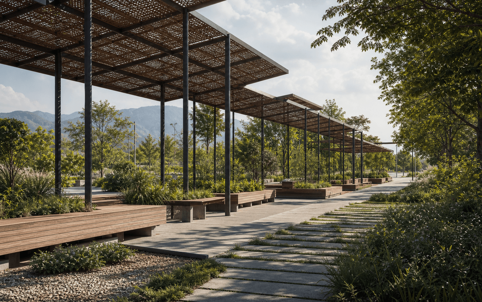 Photorealistic generated public-realm render of a modular shaded pavilion with planted edges and integrated benches.