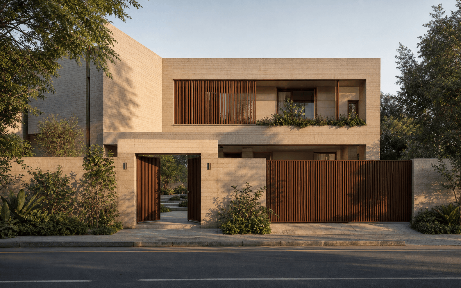 Photorealistic generated exterior render for Courtyard Loop House with warm masonry, timber privacy screens and a planted courtyard threshold.