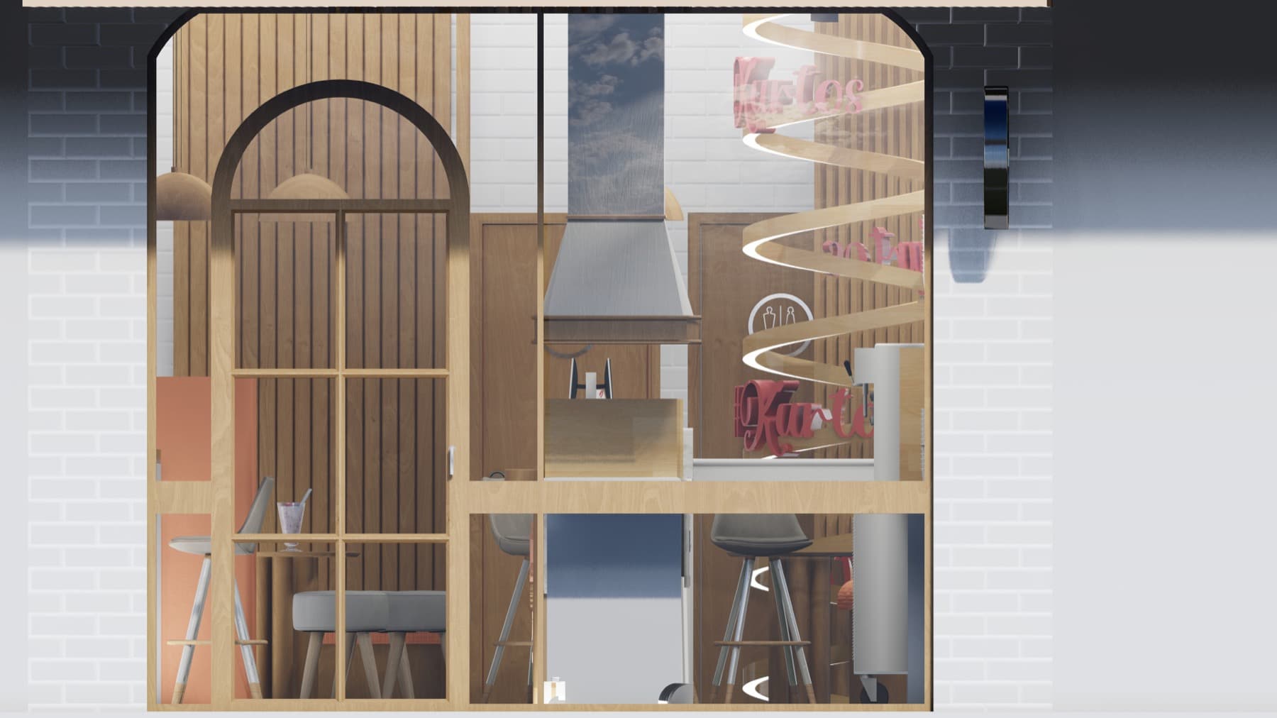 Street-facing Kurtos café interior render with arched glazing, timber surfaces and illuminated product display.