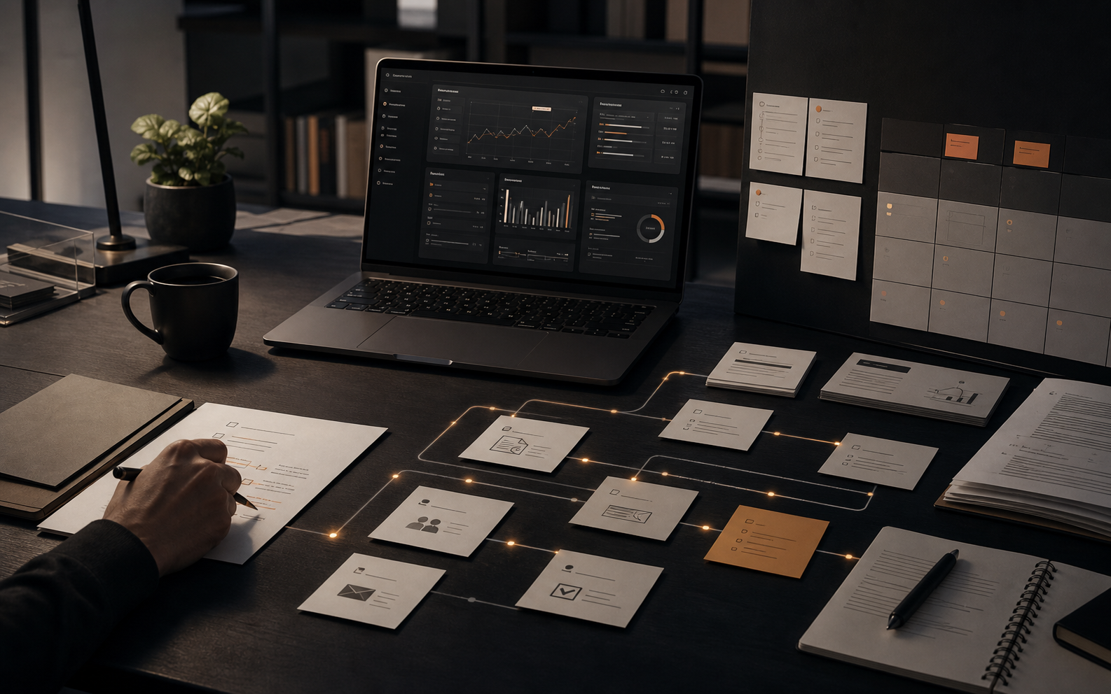 Realistic dark workspace with a laptop operations dashboard, paper workflow cards, and warm orange connection lights suggesting AI-assisted review.
