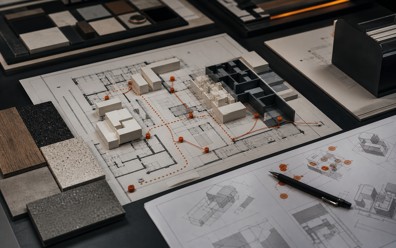 Close editorial view of architectural plans, massing blocks, material samples, and orange pins mapping public and service routes.