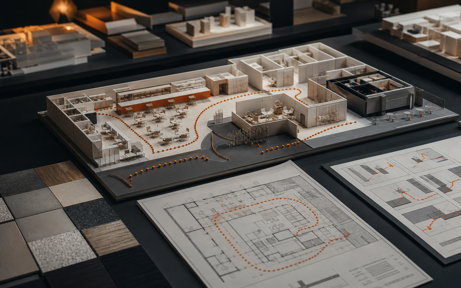 Realistic architecture studio model of a commercial interior with orange circulation markers, material samples, and planning drawings on a dark table.