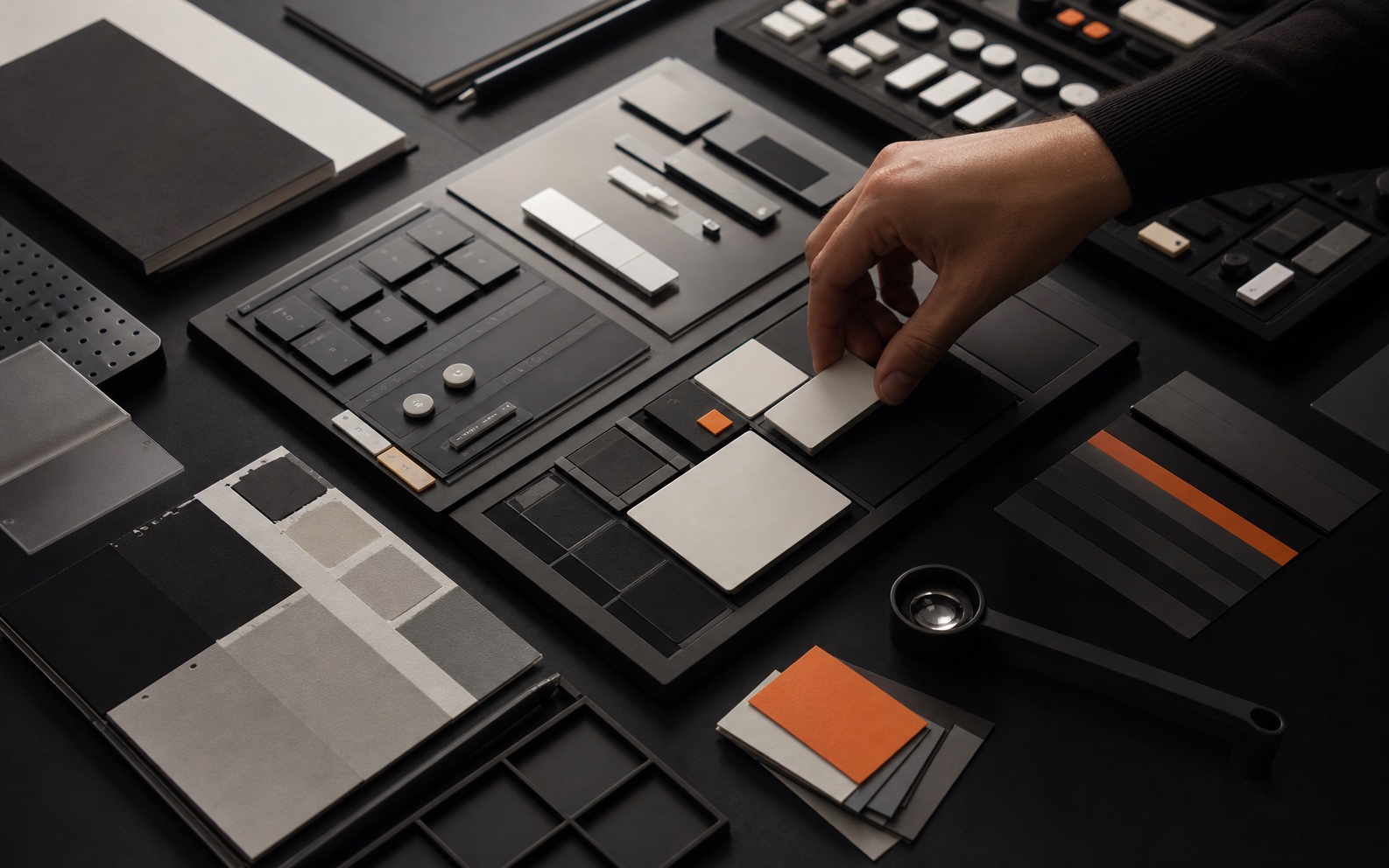 Photorealistic dark design studio table with modular interface tiles, material samples, orange accents, and a hand fitting one reusable component into a shared system.