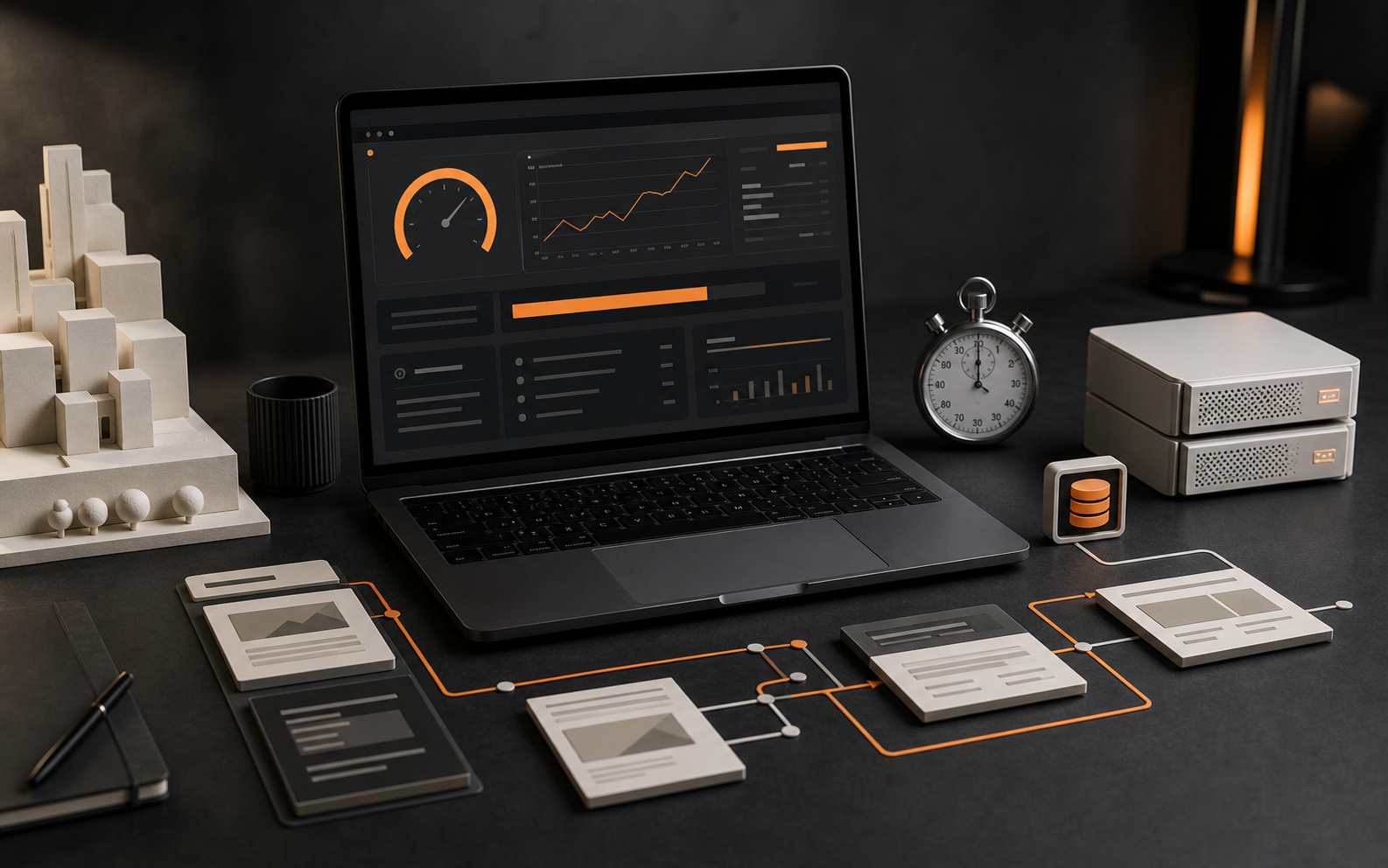 Realistic dark editorial studio scene with a laptop performance dashboard, stopwatch, server blocks, page modules, and orange routing lines representing a fast website system.