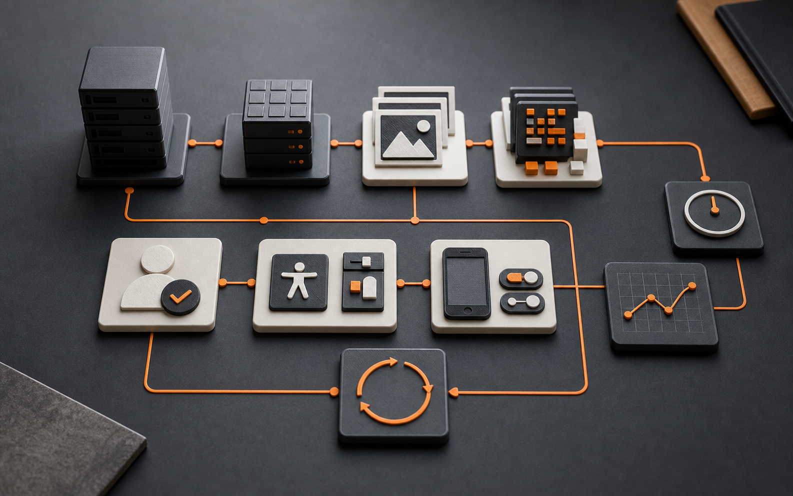 Photorealistic system map of server blocks, cache modules, optimized media tiles, accessibility checks, mobile experience, analytics, and an orange feedback loop.