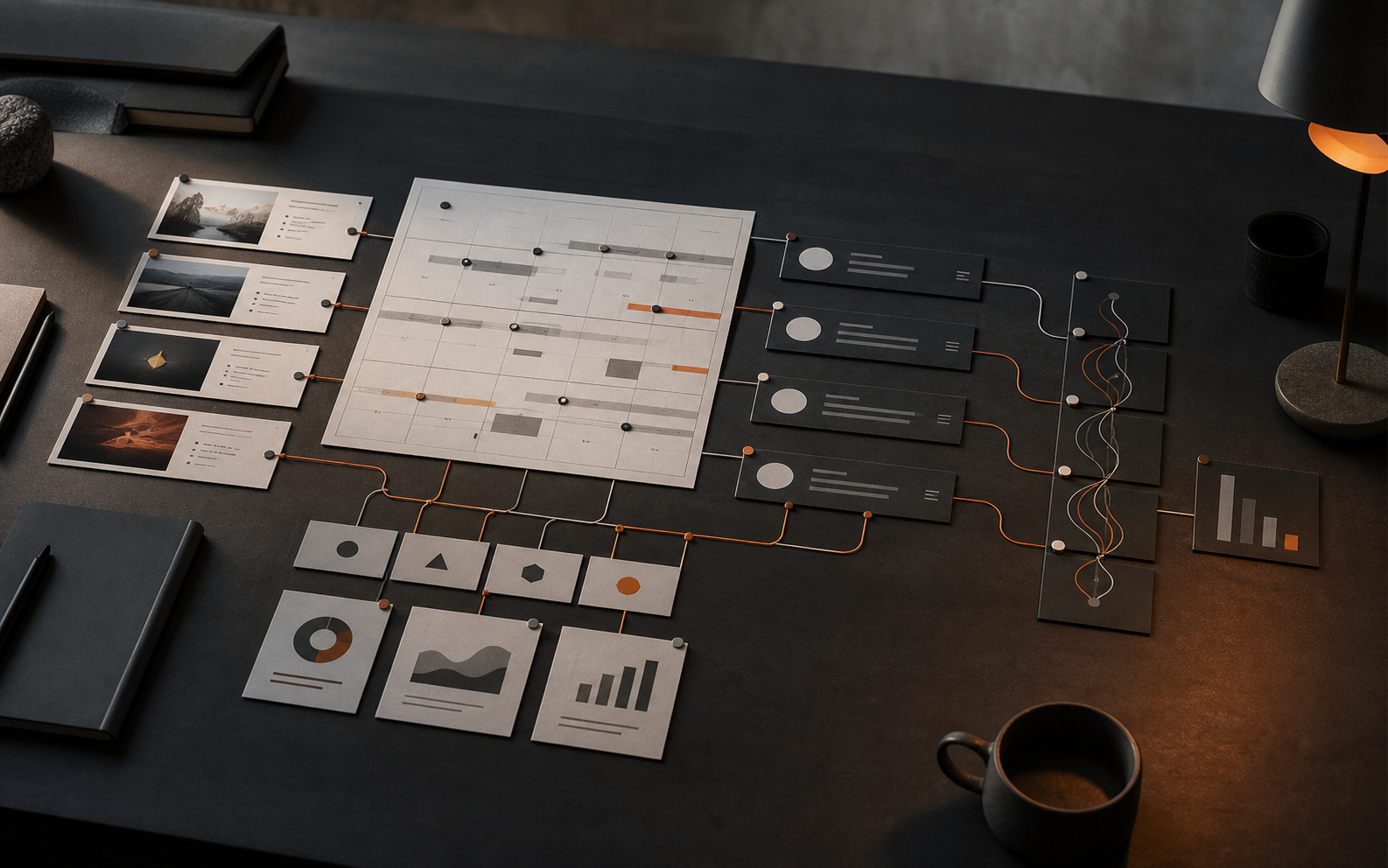 Realistic dark strategy studio table with campaign cards, content calendar sheets, CRM tiles, analytics blocks, and orange routing threads forming a marketing system.
