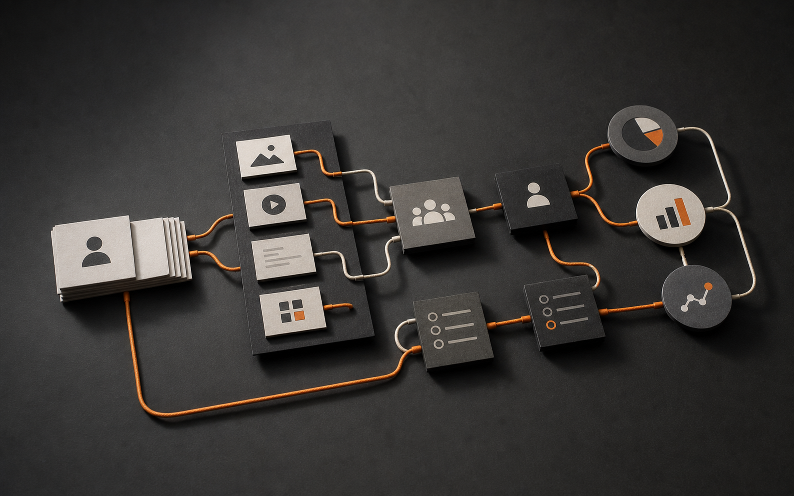 Photorealistic process map of lead source cards, content assets, CRM handoff tiles, measurement nodes, and feedback loops connected with orange and off-white cords.